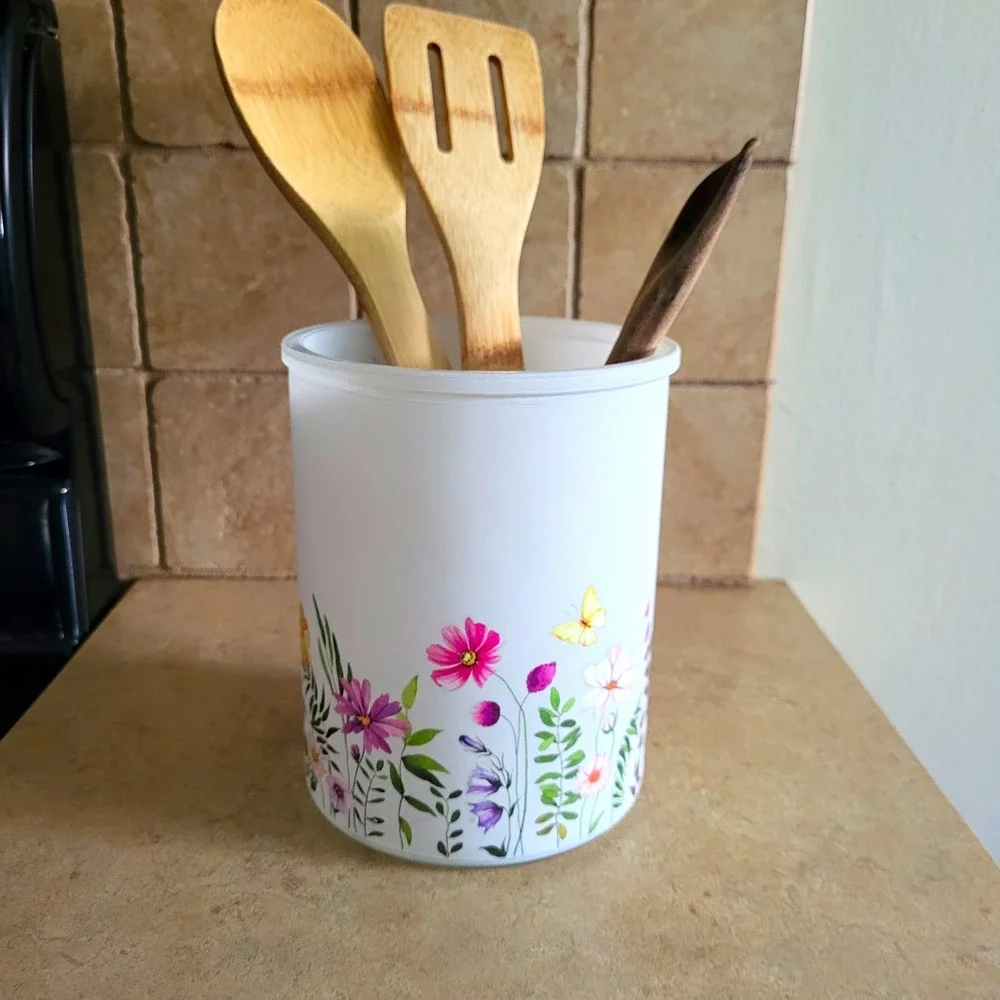 Floral Utensil Holder Crock, White Frosted Glass Kitchen Countertop Organizer